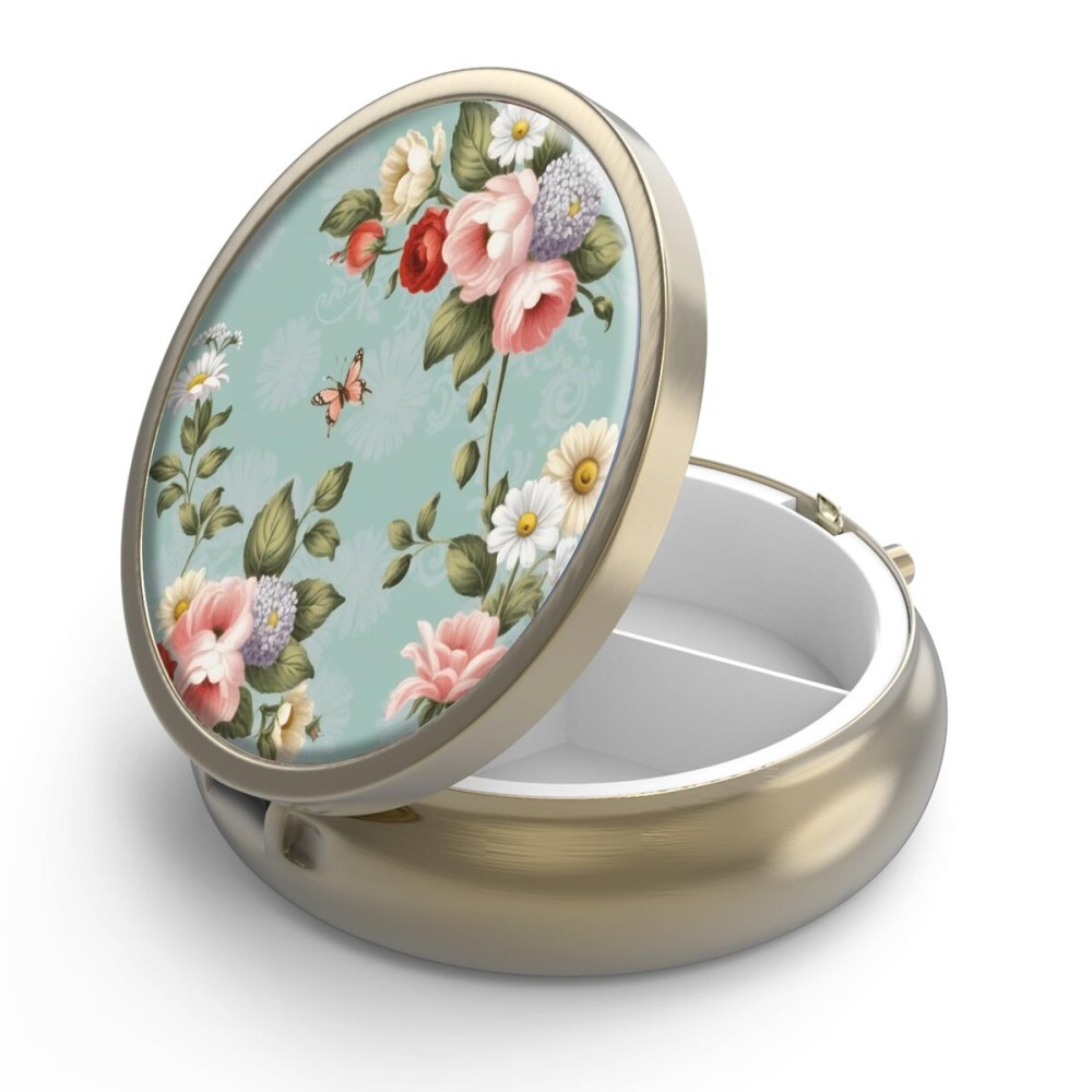 Pill Case Pill Box with Mirror Retro 3 Compartment Small Pill Case for Purse or Pocket Bronze Small Roud Pill Box or Vitamins, Fish Oil, Supplements, Pill Containe Travel GiftsRetro Green Floral