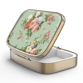 Pill Case Pill Box with Mirror Retro 2 Compartment Small Pill Case for Purse or Pocket Bronze Rectangular Pill Box or Vitamins, Fish Oil, Supplements, Pill Containe Travel GiftsRetro Green Floral