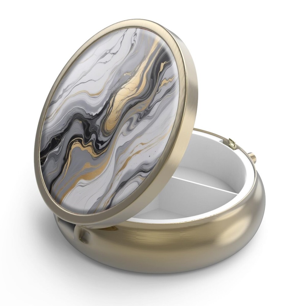 Pill Case Pill Box with Mirror Retro 3 Compartment Small Pill Case for Purse or Pocket Bronze Small Roud Pill Box or Vitamins, Fish Oil, Supplements, Pill Containe Travel GiftsBlack Gold Marble