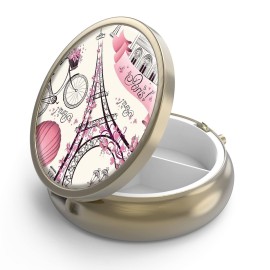 Pill Case Pill Box with Mirror Retro 3 Compartment Small Pill Case for Purse or Pocket Bronze Small Roud Pill Box or Vitamins, Fish Oil, Supplements, Pill Containe Travel GiftsParis Eiffel Tower