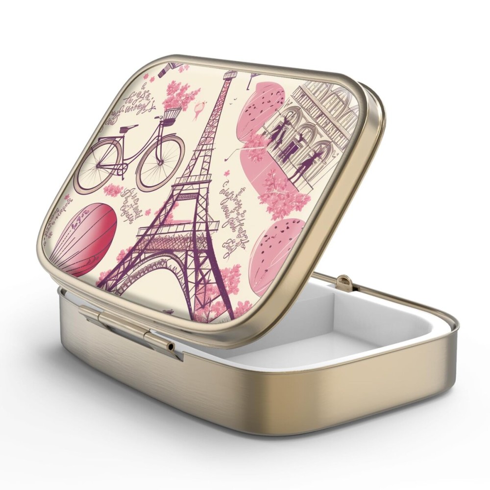Pill Case Pill Box with Mirror Retro 2 Compartment Small Pill Case for Purse or Pocket Bronze Rectangular Pill Box or Vitamins, Fish Oil, Supplements, Pill Containe Travel GiftsParis Eiffel Tower
