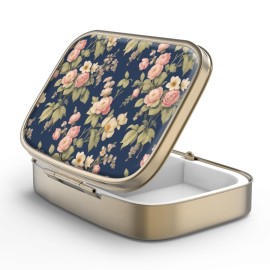 Pill Case Pill Box with Mirror Retro 2 Compartment Small Pill Case for Purse or Pocket Bronze Rectangular Pill Box or Vitamins, Fish Oil, Supplements, Pill Containe Travel GiftsRetro Rose Floral