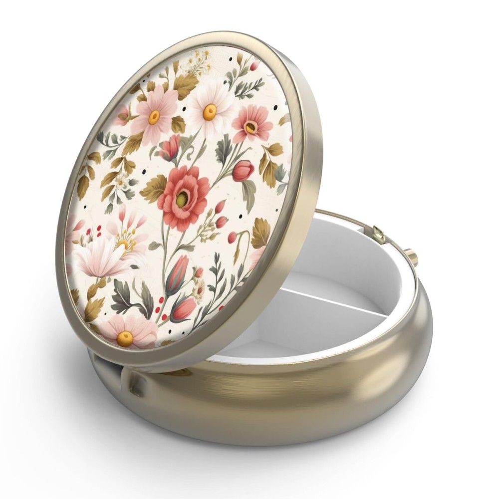 Pill Case Pill Box with Mirror Retro 3 Compartment Small Pill Case for Purse or Pocket Bronze Small Roud Pill Box or Vitamins, Fish Oil, Supplements, Pill Containe Travel GiftsRetro Red Flowers