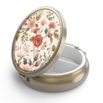 Pill Case Pill Box with Mirror Retro 3 Compartment Small Pill Case for Purse or Pocket Bronze Small Roud Pill Box or Vitamins, Fish Oil, Supplements, Pill Containe Travel GiftsRetro Red Flowers