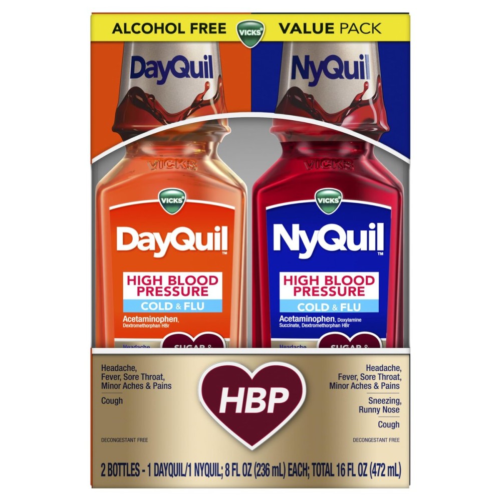VICKS DayQuil & NyQuil High Blood Pressure Cold & Flu Relief Liquid Medicine Co-Pack, Powerful Multi-Symptom Daytime & Nighttime Relief for Cold, Cough, and Flu Symptoms, Sugar & Alcohol Free, 2x8oz