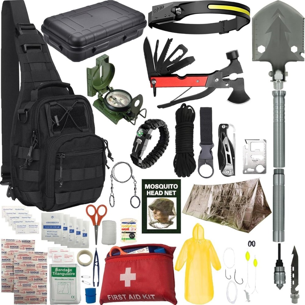 Survival Kit - Survival Gear and Supplies, Camping Gear, 75-Piece 18-in-1 Kit with First Aid, Compass, Headlamp, Shovel, Axe, Fire Starter, and More. Gift for Men, Boys, Fathers, Boyfriends and Dad