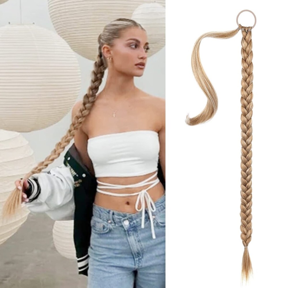 SEIKEA Long Braided Ponytail Extension with Hair Tie Straight Wrap Around Hair Extensions Ponytail Natural Soft Synthetic Hair Piece Daily Wear 34 Inch 180 Gram Golden Blonde Highlights