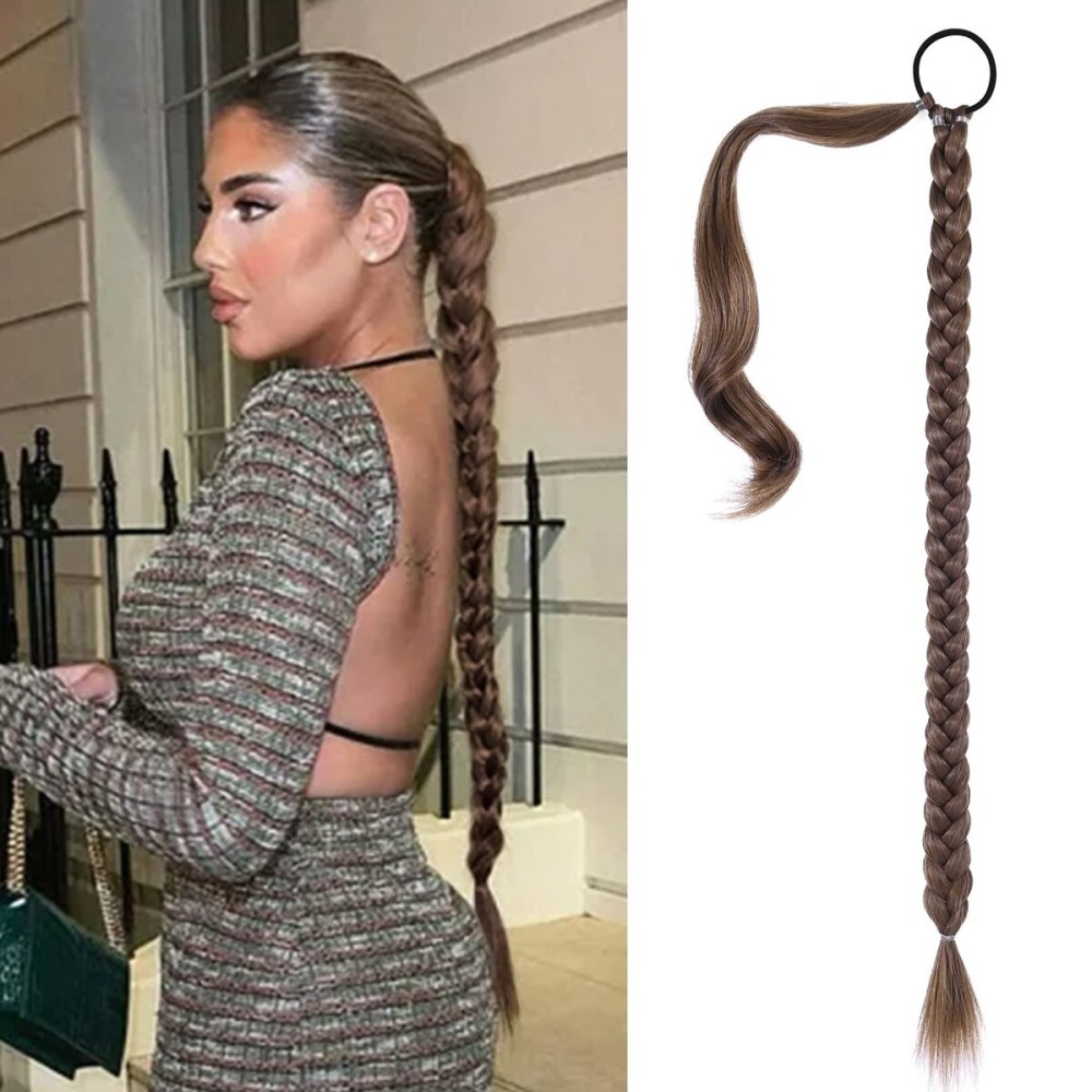 SEIKEA Long Braided Ponytail Extension with Hair Tie Straight Wrap Around Hair Extensions Ponytail Natural Soft Synthetic Hair Piece Daily Wear 34 Inch 180 Gram Medium Brown with Medium Auburn