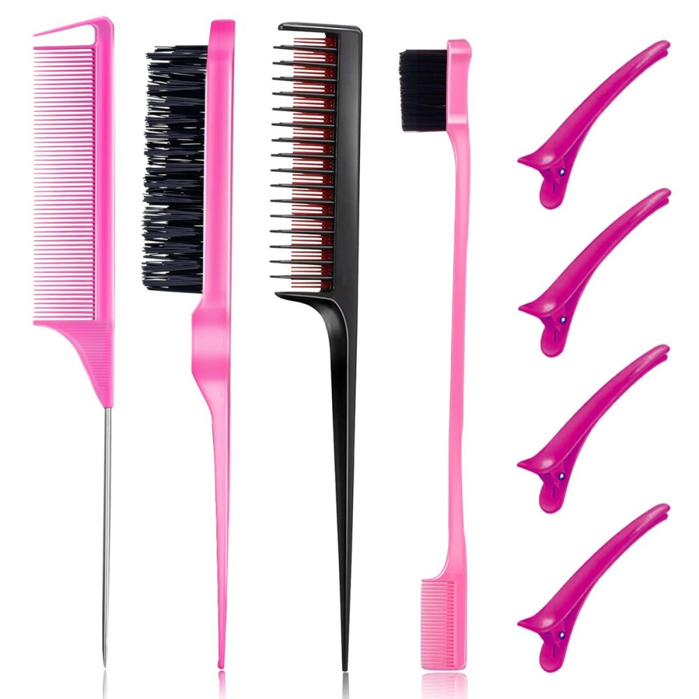 8 Pieces Styling Comb Set - Teasing Brush, Rat Tail Comb, Edge Brush for Slicking and Combing Hair for Women (Pink)