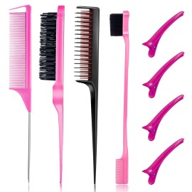 8 Pieces Styling Comb Set - Teasing Brush, Rat Tail Comb, Edge Brush for Slicking and Combing Hair for Women (Pink)