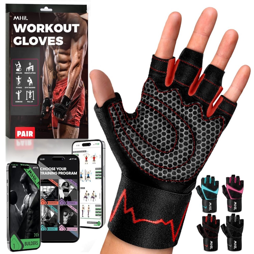MhIL Workout Gloves for Men - Comfortable Gym Gloves for Men with Enhanced Grip for Safety and Hand Protection - Weight Lifting Protection with Wrist Wraps Support for Performance Boost and Style