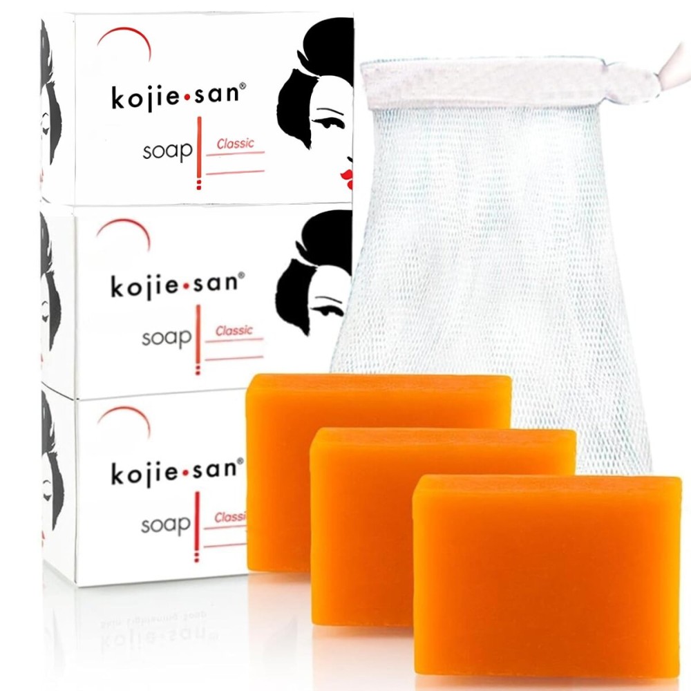 Kojie San Skin Brightening Soap - The Original Kojic Acid, Dark Spot Remover Bar Soap with Coconut & Tea Tree Oil - 100g x 3 Bars with Net