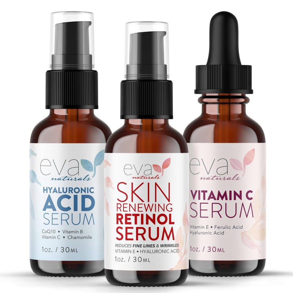Eva Naturals Anti-Aging Serum Set - Vitamin C, Retinol & Hyaluronic Acid Serums for Face, Hydrating Bundle for Skin, Fine Lines, Wrinkles, Collagen, Firming, Plumping, Radiance & Youthful Hydration