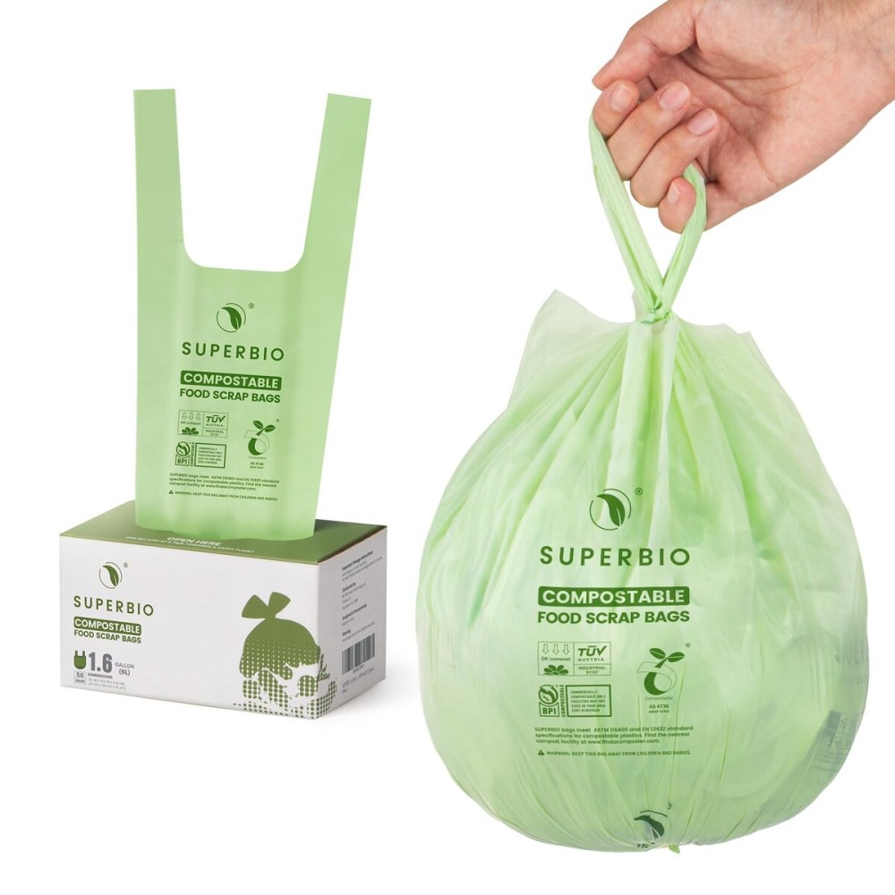 SUPERBIO 1.6 Gallon Handle Tie Compostable Food Scrap Bags For Counter Top Compost Bin, Small Compost Bags, 50 Count, 6 Liter, BPI & OK compost INDUSTRIAL Certified
