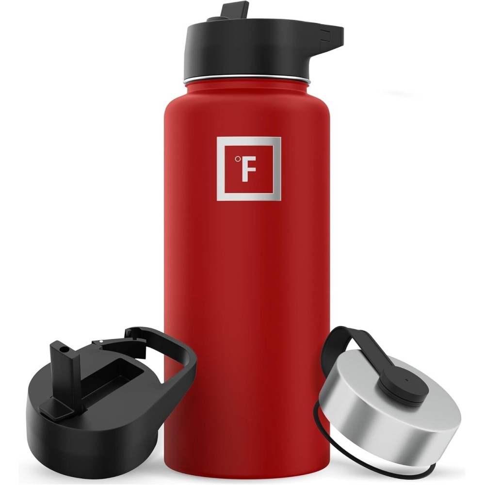 IRON FLASK Camping & Hiking Hydration Flask with Straw, Wide Mouth Insulated Stainless Steel Sports Water Bottle - 32 oz Fire Red