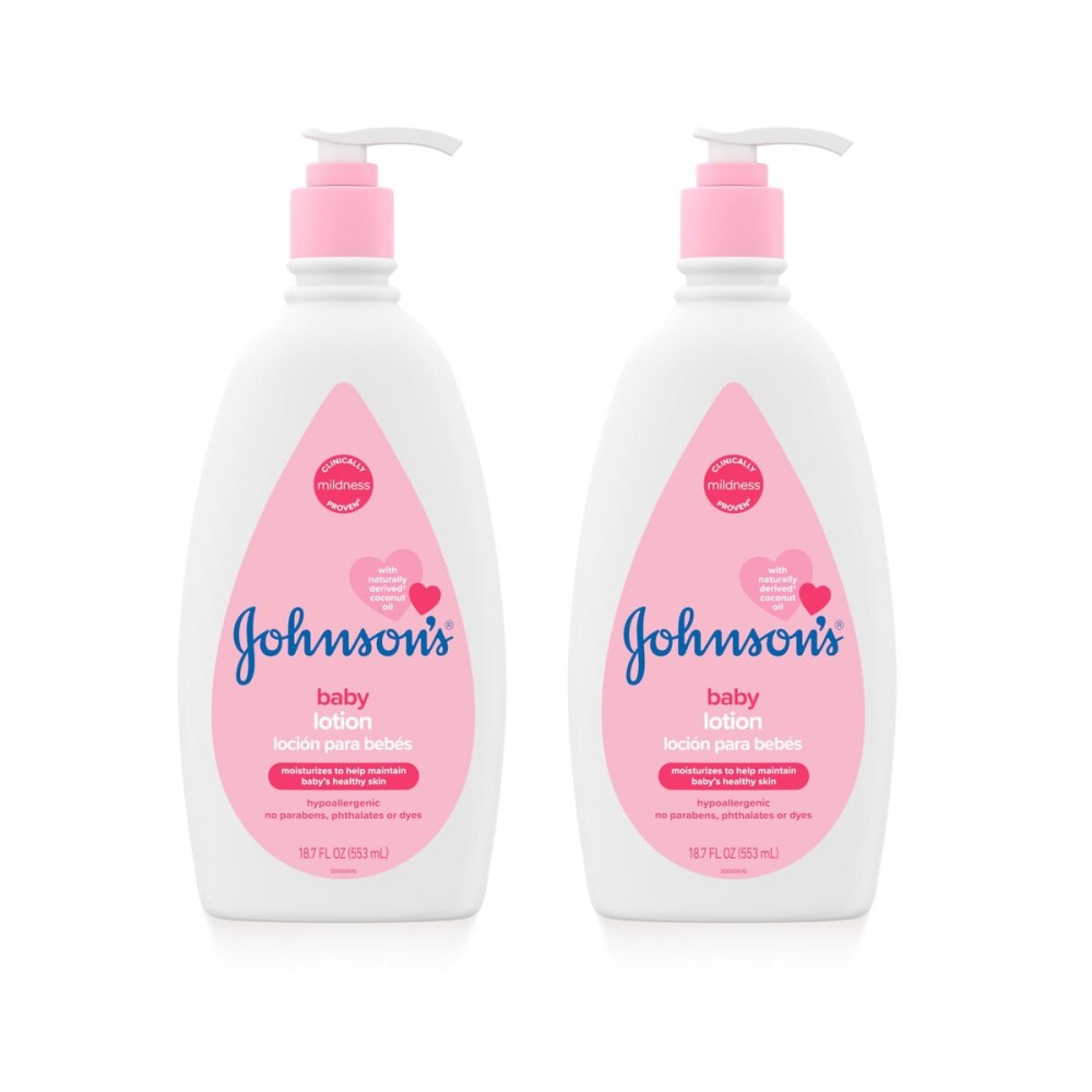 Johnson\'s Moisturizing Mild Pink Baby Lotion with Coconut Oil for Delicate Baby Skin, Paraben-, Phthalate- & Dye-Free, Hypoallergenic & Dermatologist-Tested, Baby Skin Care, 18 Fl. Oz, Pack of 2