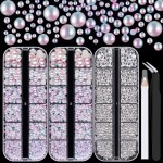 4000PCS Flatback Rhinestones and Half Round Pearls Kit 21, Multi Size Glass Clear Crystals, Plastic Flat Back Pink Mermaid Dome Bead with Pickup Pencil and Tweezer for Nail Art