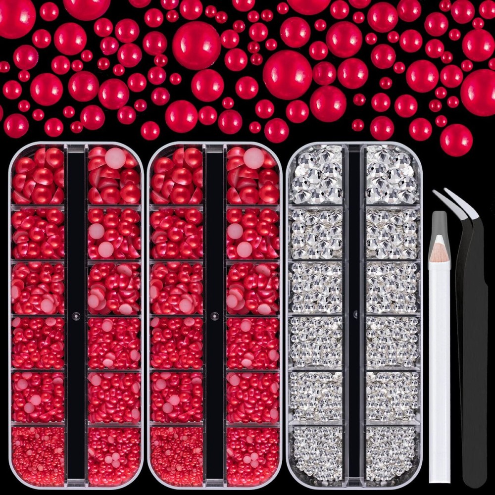 4000PCS Flatback Rhinestones and Half Round Pearls Kit 28, Multi Size Glass Clear Crystals, Plastic Flat Back Red Dome Bead with Pickup Pencil and Tweezer for Nail Art