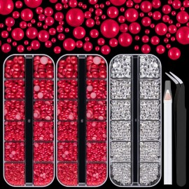 4000PCS Flatback Rhinestones and Half Round Pearls Kit 28, Multi Size Glass Clear Crystals, Plastic Flat Back Red Dome Bead with Pickup Pencil and Tweezer for Nail Art