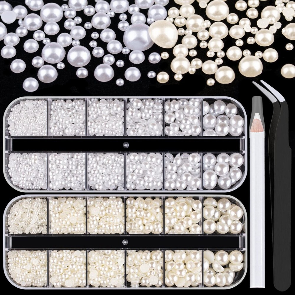 4000PCS Flatback Rhinestones and Half Round Pearls Kit 24, Multi Size Glass Clear Crystals, Plastic Flat Back White & Beige Dome Bead with Pickup Pencil and Tweezer for Nail Art