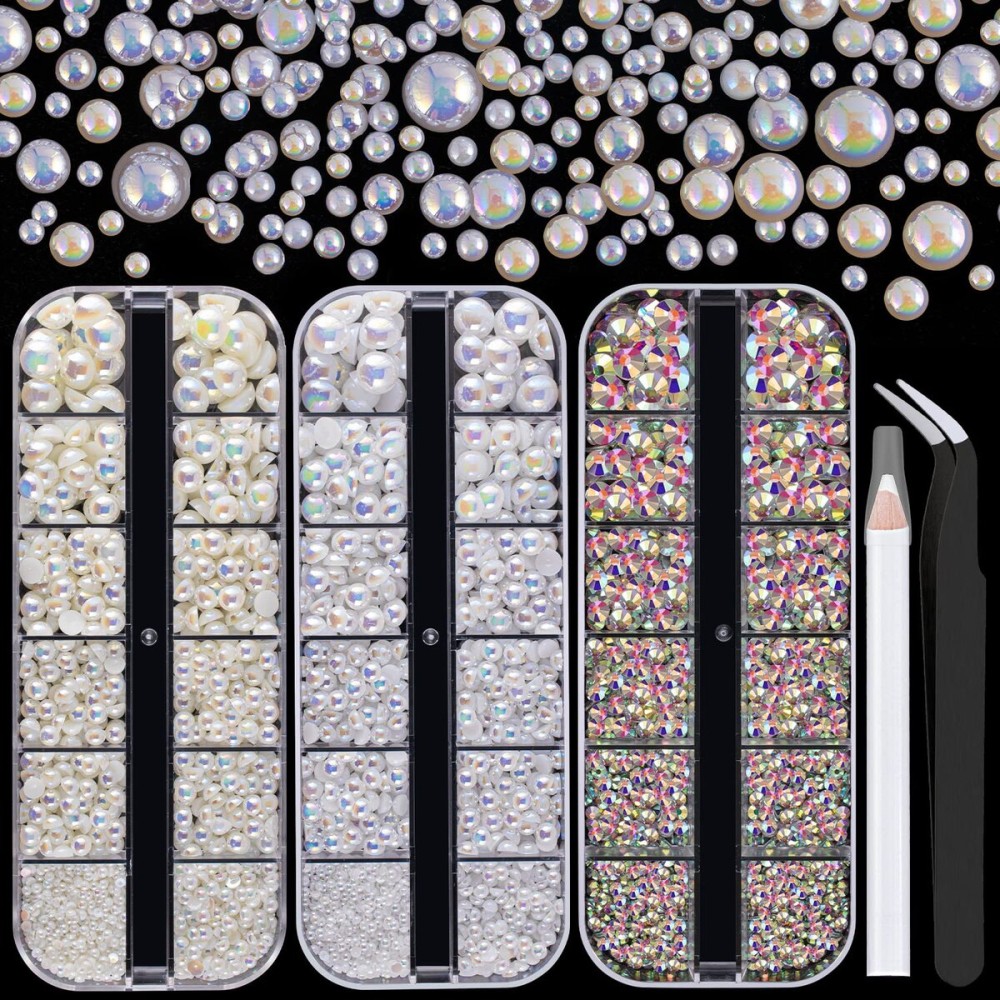 4000PCS Flatback Rhinestones and Half Round Pearls Kit 31, Multi Size Glass AB Crystals, Plastic Flat Back White AB & Beige AB Dome Bead with Pickup Pencil and Tweezer for Nail Art