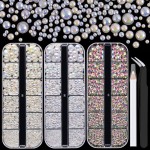 4000PCS Flatback Rhinestones and Half Round Pearls Kit 31, Multi Size Glass AB Crystals, Plastic Flat Back White AB & Beige AB Dome Bead with Pickup Pencil and Tweezer for Nail Art
