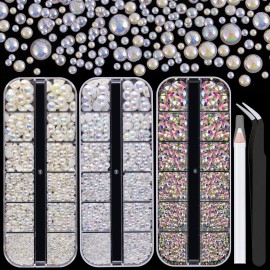 4000PCS Flatback Rhinestones and Half Round Pearls Kit 31, Multi Size Glass AB Crystals, Plastic Flat Back White AB & Beige AB Dome Bead with Pickup Pencil and Tweezer for Nail Art