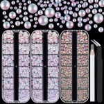 4000PCS Flatback Rhinestones and Half Round Pearls Kit 36, Multi Size Glass AB Crystals, Plastic Flat Back Pink Mermaid Dome Bead with Pickup Pencil and Tweezer for Nail Art