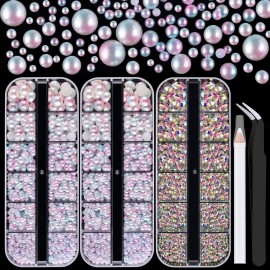 4000PCS Flatback Rhinestones and Half Round Pearls Kit 36, Multi Size Glass AB Crystals, Plastic Flat Back Pink Mermaid Dome Bead with Pickup Pencil and Tweezer for Nail Art