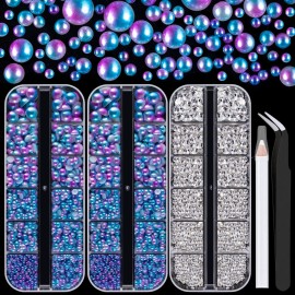 4000PCS Flatback Rhinestones and Half Round Pearls Kit 22, Multi Size Glass Clear Crystals, Plastic Flat Back Blue Mermaid Dome Bead with Pickup Pencil and Tweezer for Nail Art