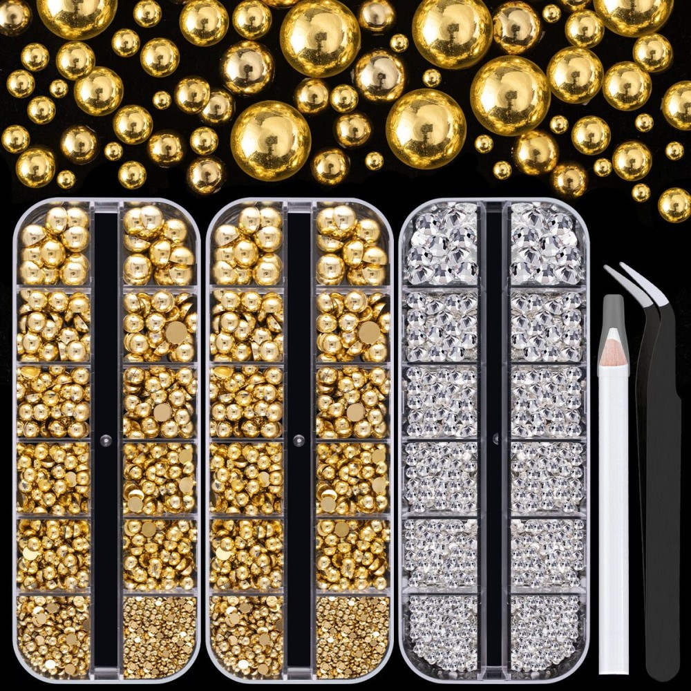 4000PCS Flatback Rhinestones and Half Round Pearls Kit 29, Multi Size Glass Clear Crystals, Plastic Flat Back Gold Dome Bead with Pickup Pencil and Tweezer for Nail Art