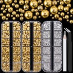 4000PCS Flatback Rhinestones and Half Round Pearls Kit 29, Multi Size Glass Clear Crystals, Plastic Flat Back Gold Dome Bead with Pickup Pencil and Tweezer for Nail Art