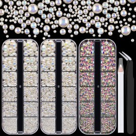 4000PCS Flatback Rhinestones and Half Round Pearls Kit 33, Multi Size Glass AB Crystals, Plastic Flat Back Beige AB Dome Bead with Pickup Pencil and Tweezer for Nail Art