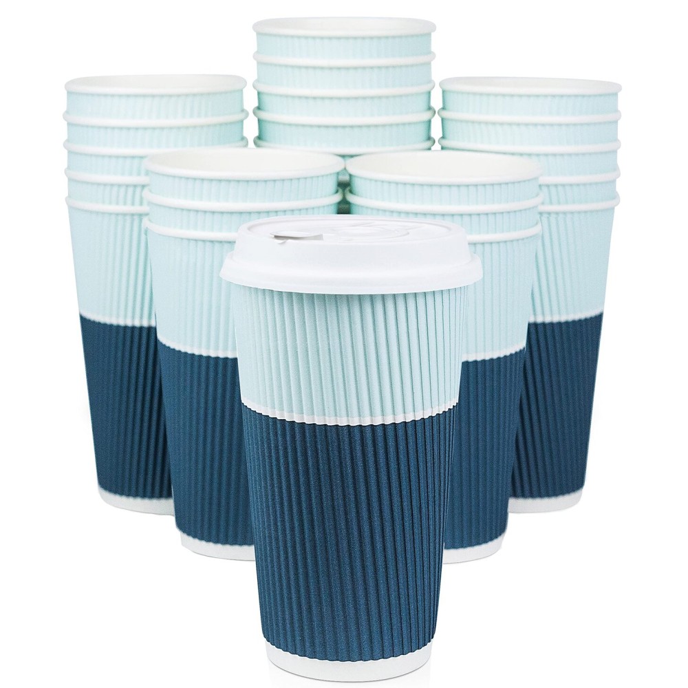 Glowcoast To Go Coffee Cups With Lids - 22 oz Disposable Coffee Cup With Lid. Large Togo Travel Paper Ripple Hot Cups Insulated For Hot, Cold Beverage Drinks, No Sleeves Needed (50, Ocean Blue)