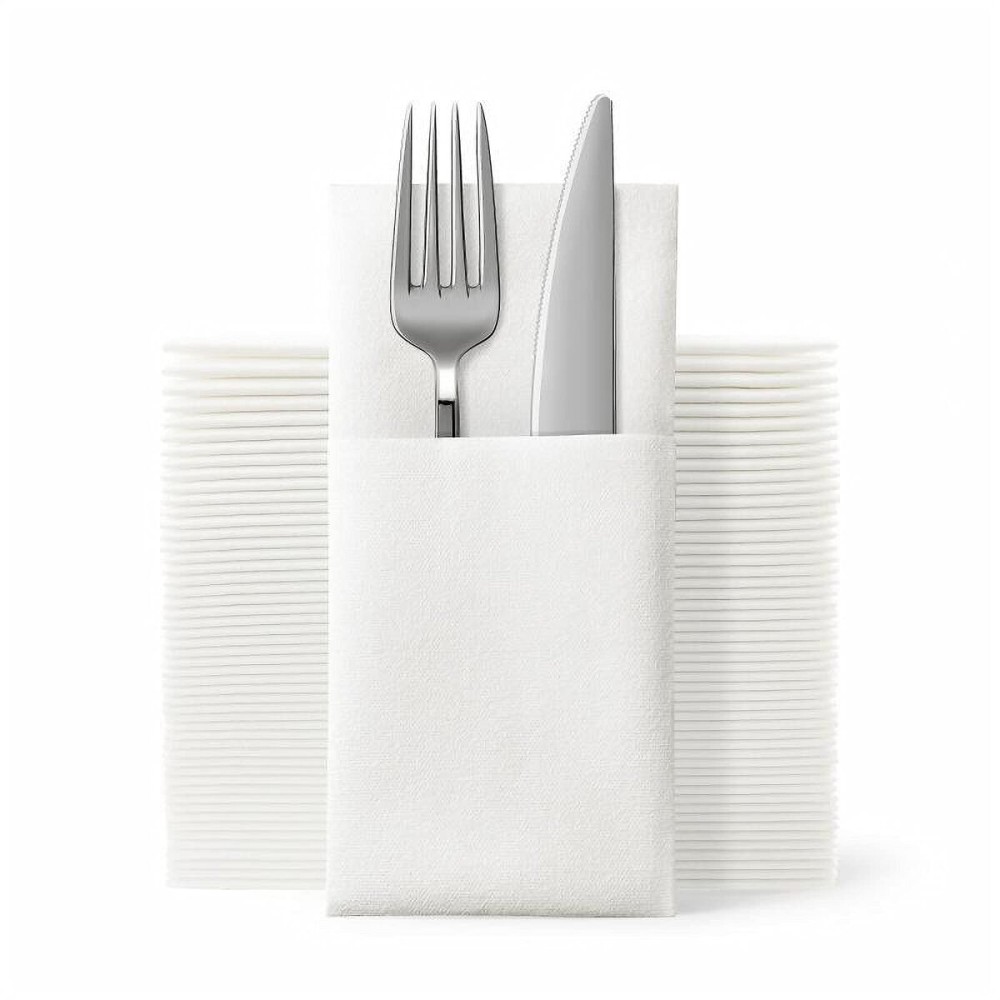 JEBBLAS Disposable Cloth Like Napkins, Built-in Flatware Pocket, Wedding Party Linen Feel White Napkin, Prefolded for Silverware,150 Count (150 Pack)