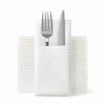JEBBLAS Disposable Cloth Like Napkins, Built-in Flatware Pocket, Wedding Party Linen Feel White Napkin, Prefolded for Silverware,150 Count (150 Pack)