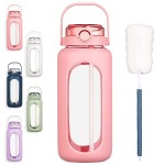 BLUEGO 64oz Glass Water Bottles with Straw Time Marker Half Gallon Large Motivational Water Bottle with Silicone Sleeve 2 Liter Large Glass Water Jug for Gym, Sports& Workout, Daily, Pink