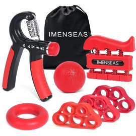 IMENSEAS Grip Strength Trainer 7 Pack Adjustable, Finger Stretcher Resistance Extensor Bands, Finger Exerciser, Hand Gripper Strength Ring & Stress Ball, Red
