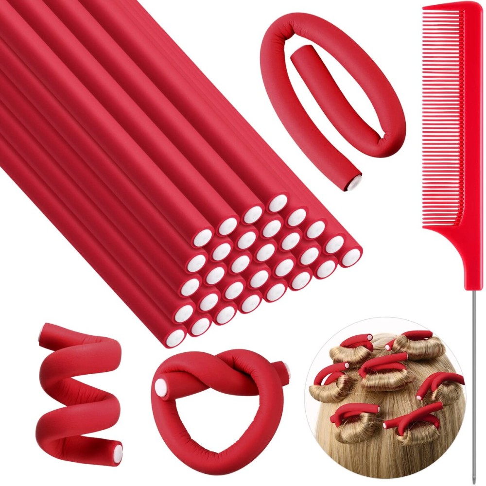Syhood 30 Pcs 7\'\' Flexible Curling Rods Twist Foam Hair Rollers Soft Foam No Heat Hair Rods Rollers and 1 Steel Pintail Comb Rat Tail Comb for Women Long Short Hair(Red,7 x 0.3 Inch)