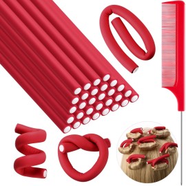 Syhood 30 Pcs 7\'\' Flexible Curling Rods Twist Foam Hair Rollers Soft Foam No Heat Hair Rods Rollers and 1 Steel Pintail Comb Rat Tail Comb for Women Long Short Hair(Red,7 x 0.3 Inch)