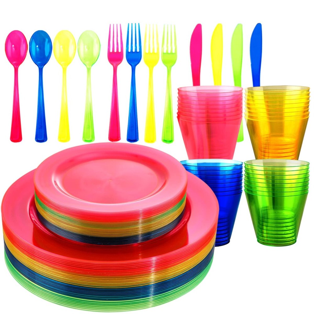 Supernal 216pcs Plastic Dinnerware Set include Rainbow Disposable Plates for Party Heavy Duty,Colorful Disposable Cups,Plastic Silveware in Neon Pink,Blue,Green,Yellow, Pefect for Birthdays