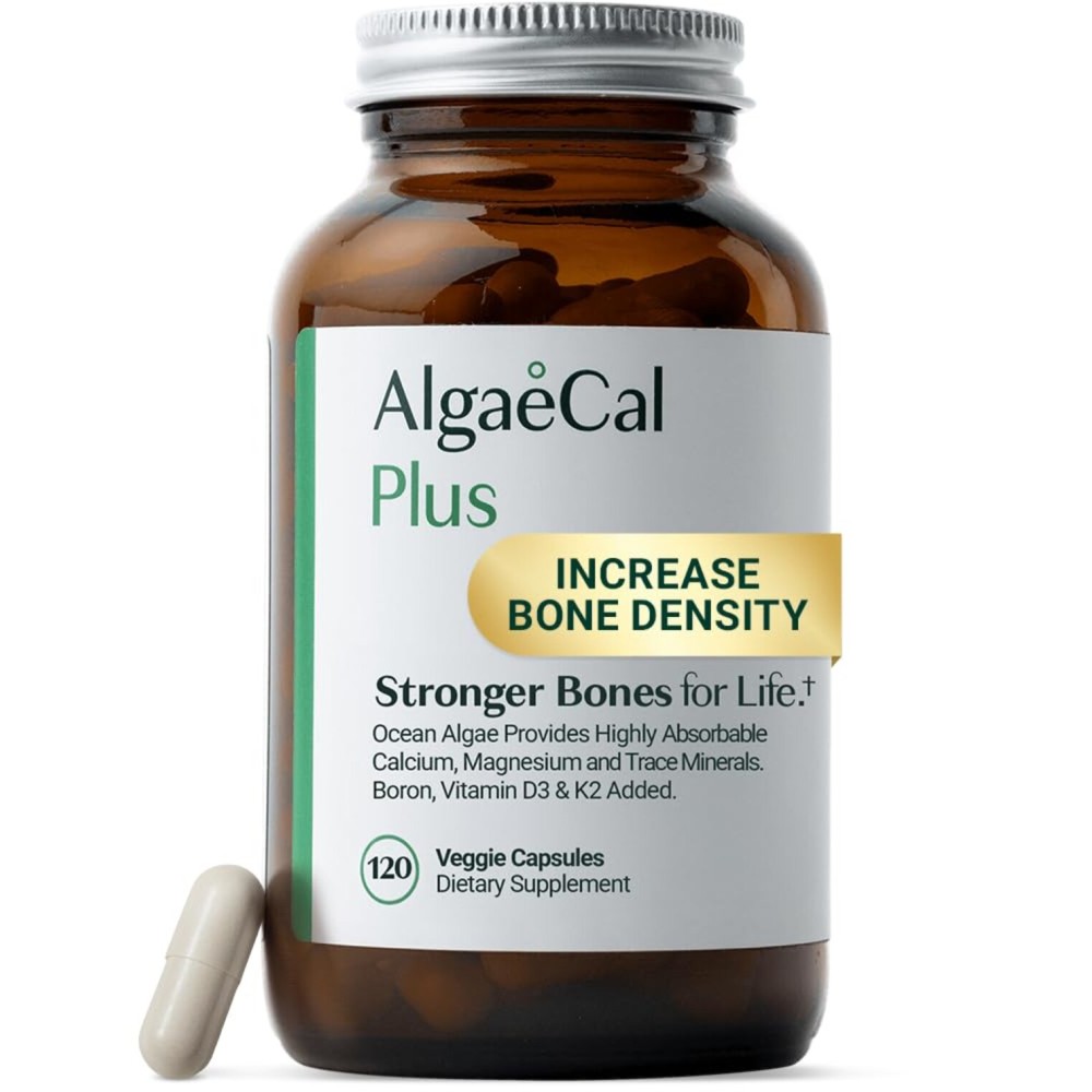 ALGAECAL Organic Red Algae Calcium Supplement for Bone Density, Vitamin K2 MK7 (100mg), Vitamin D3 (1600 IU), Magnesium (350mg) & Trace Minerals & Strength, Easy to Swallow, 120 Veggie Caps