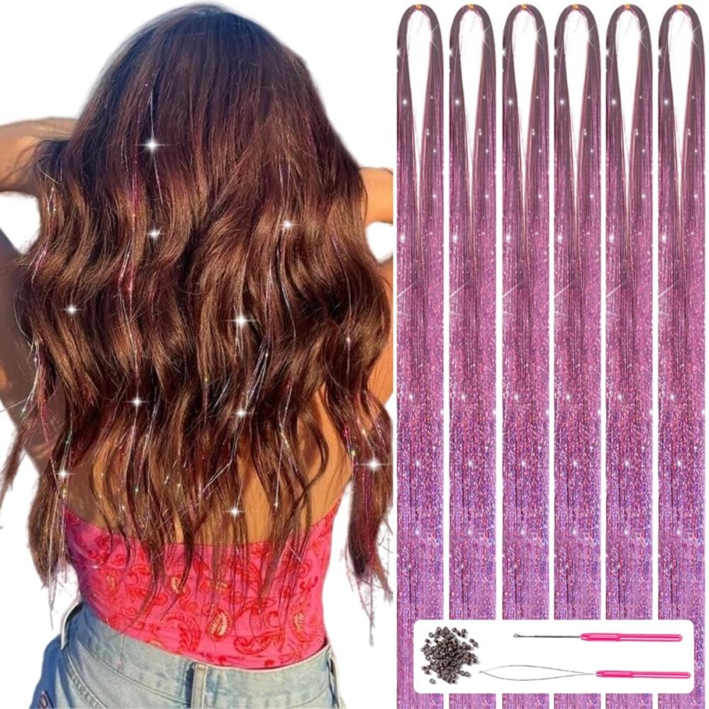 MISSUHUI Hair Tinsel with Tools 47Inch 1200 Strands Hair Tinsel Kit Glitter Hair Extensions Sparkling Shiny Fairy Hair Tinsel Strands Kit Heat Resistant for Women Girls 6Pcs (Pink)