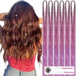 MISSUHUI Hair Tinsel with Tools 47Inch 1200 Strands Hair Tinsel Kit Glitter Hair Extensions Sparkling Shiny Fairy Hair Tinsel Strands Kit Heat Resistant for Women Girls 6Pcs (Pink)