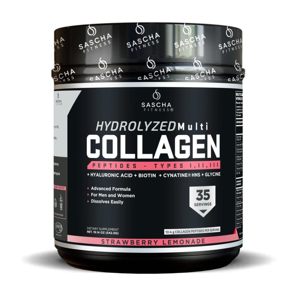 SASCHA FITNESS Hydrolyzed Multi Collagen Peptides Tipes 1,2 & 3 |Hyaluronic Acid|Biotin |Cynatine HSN|Vitamin C & E |for Hairs, Skin & Bone Support|Strawberry Lemonade