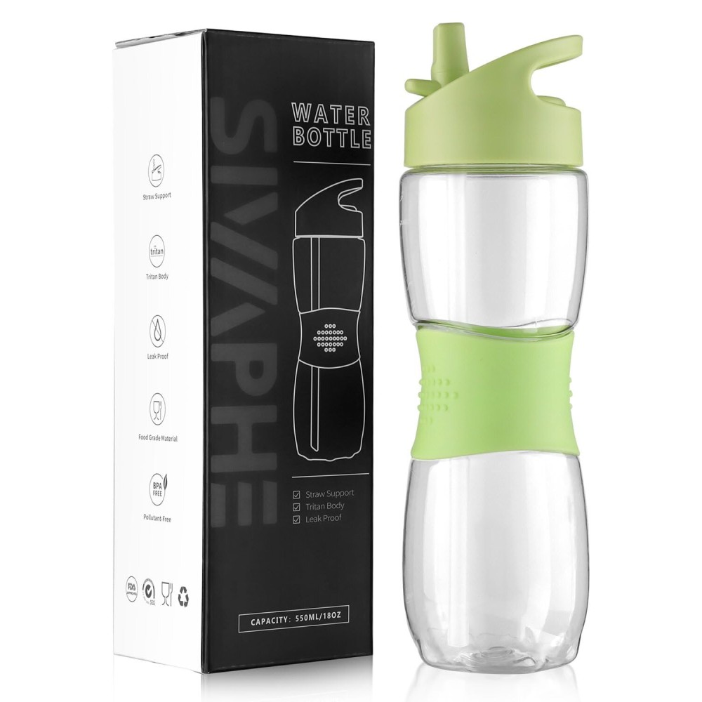 Sivaphe Clear Water Bottle with Straw 18 oz Portable Tritan Transparent Sports Drinking Bottle for School Girls Boys Green