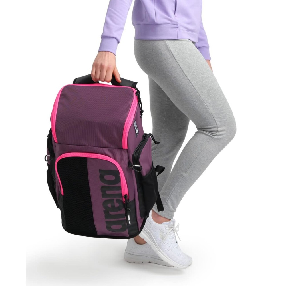 ARENA Spiky III Backpack 45 Swimming Athlete Sports Gym Rucksack Large Training Gear Equipment Swim Bag for Men and Women, 45 Liters, Plum/Neon Pink