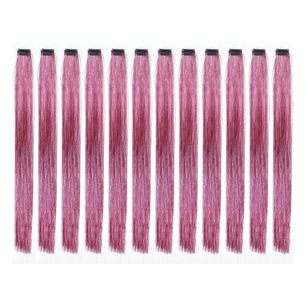 SWACC 12 Pcs Straight 12 Pcs Straight One Color Party Highlights Clip on in Hair Extensions Colored Hair Streak Synthetic Hairpieces (Sparkling Tinsel Pink)