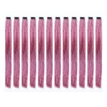 SWACC 12 Pcs Straight 12 Pcs Straight One Color Party Highlights Clip on in Hair Extensions Colored Hair Streak Synthetic Hairpieces (Sparkling Tinsel Pink)