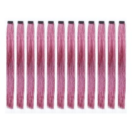 SWACC 12 Pcs Straight 12 Pcs Straight One Color Party Highlights Clip on in Hair Extensions Colored Hair Streak Synthetic Hairpieces (Sparkling Tinsel Pink)